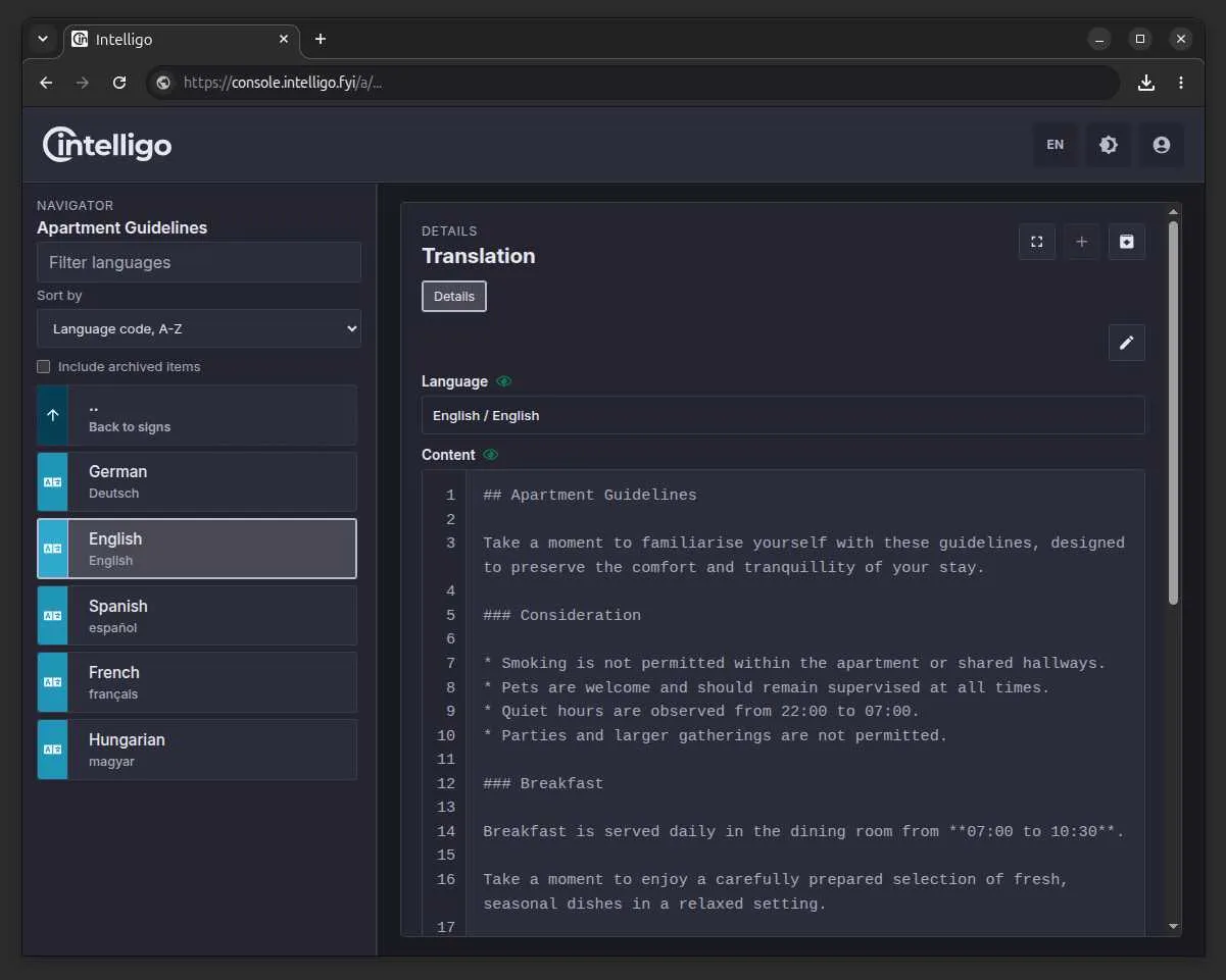 Intelligo Admin Console translation editor